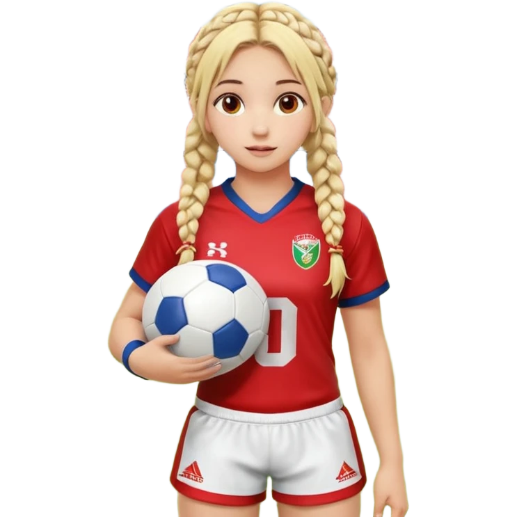 Chica de pelo rubio tirada en el suelo boca abajo agarrando un balón DE RUGBY con las manos vestida con una equipación de color rojo y blanco con líneas y con unas botas de tacos de fútbol, con un bucal en la boca y el pelo con trenzas, se la tienen que ver las 2 piernas  emoji