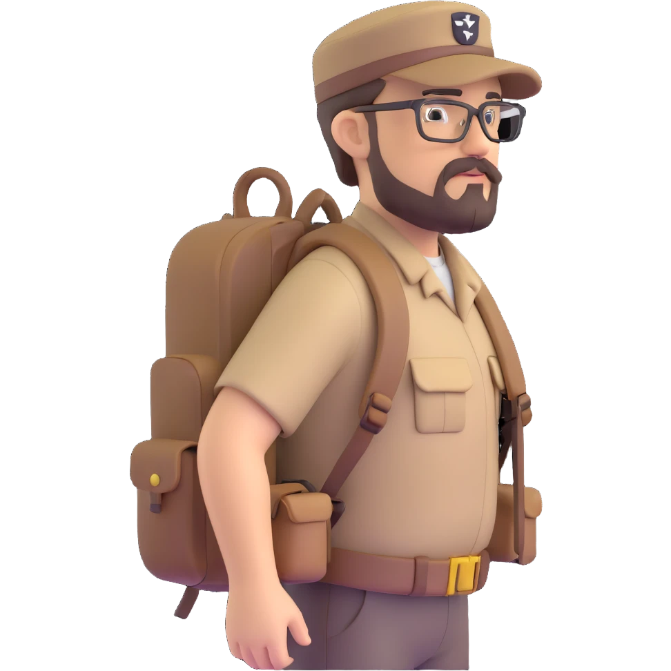 adventurer with goatee beard (no beard on cheeks), short hair, glasses, backwards military tan cap and backpack emoji