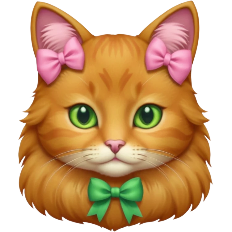  Golden brown cat with green eyes and a pink bow emoji