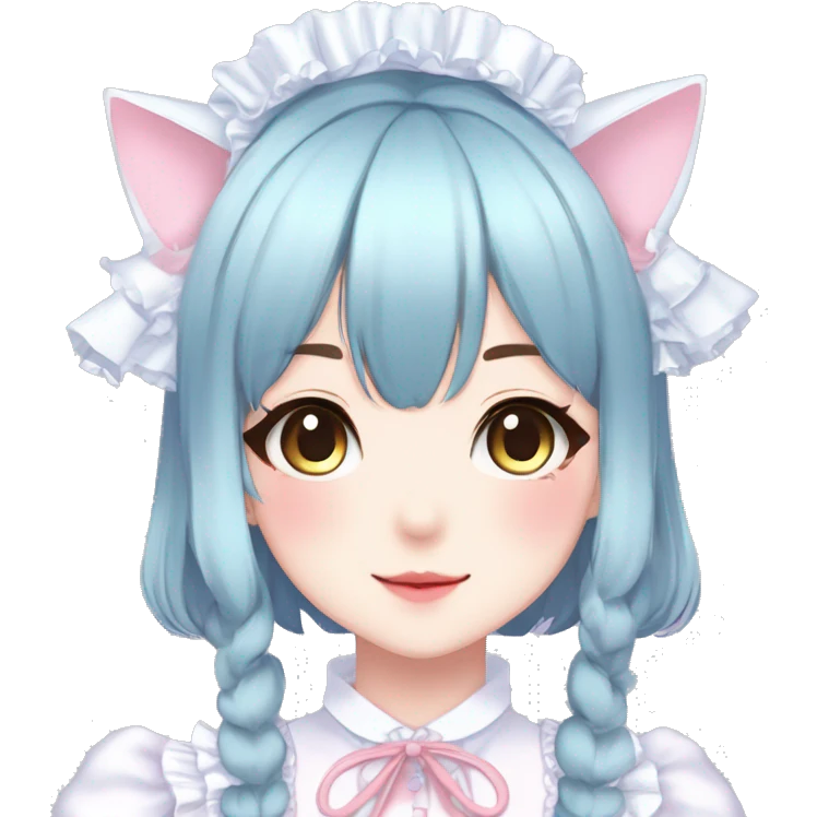 Gorgeous anime style catgirl with blushing face with maid outfit laces gothic Lolita idol model kawaiicore pastelcore cottagecore pearly petite simplistic aesthetic trending style emoji