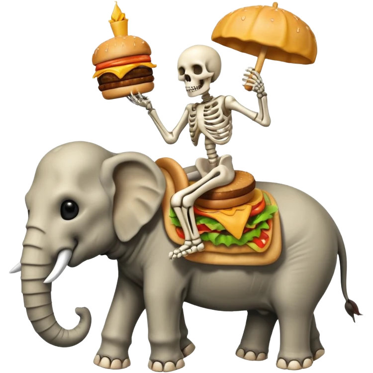 Skeleton Rider on elephant, eating burger. emoji