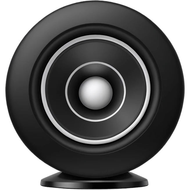 Single simple black desktop speaker, one round white cone with black center, boxy shape, clean white background, product photo. emoji