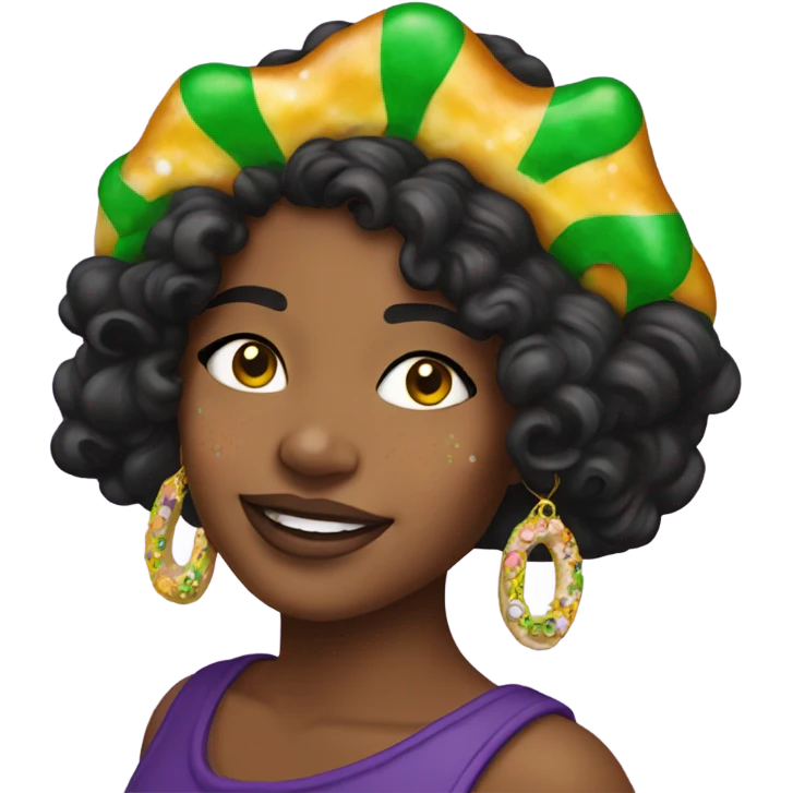 King cake earrings on girl with dark hair and freckles emoji