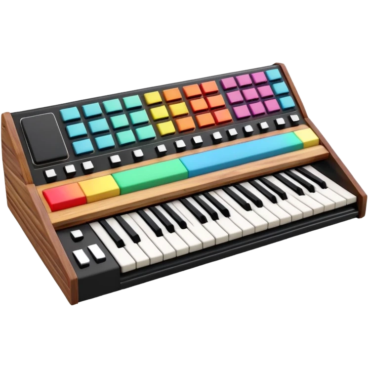 3D render of Synthesizer, vintage 1980s audio equipment aesthetic, tactile analog buttons, black matte keys with colorful rainbow slider knobs, mixed wood grain and brushed aluminum textures, Apple emoji style, isolated on white background --v 6.0 emoji