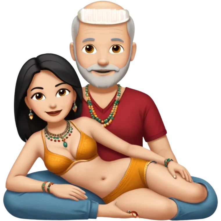 A balding man in his 60s with a grey beard lying on the thighs of a woman in her 40s with dark black hair parted in indian woman style wearing a beads chain  with the cleavage of the woman visible in both must be blissfully smiling emoji