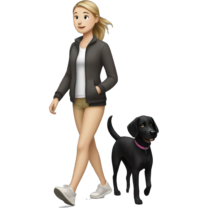 White Girl walk with a black dog emoji