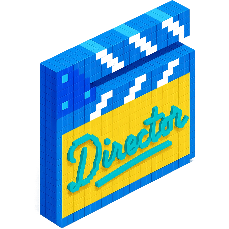 voxel style movie clapperboard with a cursive director's signature, isometric view emoji