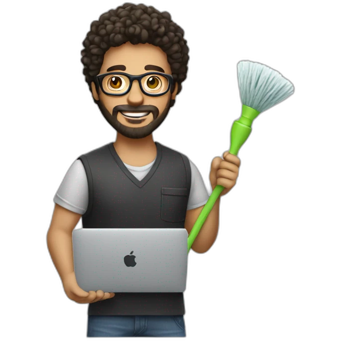 man with glasses and light stubble beard, dark hair, working on macbook and holding a cleaning mop on his hand emoji