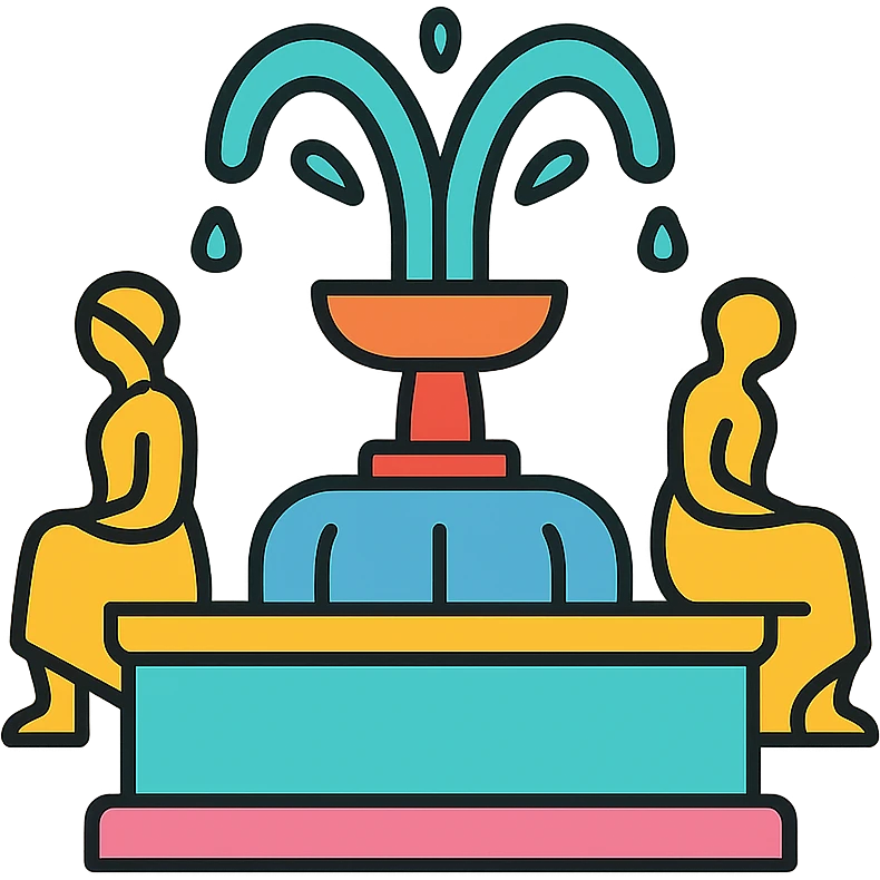 A colorful illustration of a fountain with statues, outlined in black emoji