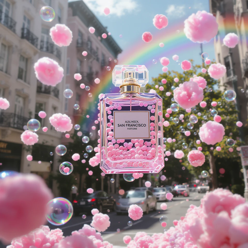 Cinematic still perfume bottle inside bubbles flying around San Francisco downtown, sunny summer day, happy vibe, colorfull surround, rainbow, small cute pink clouds around emoji
