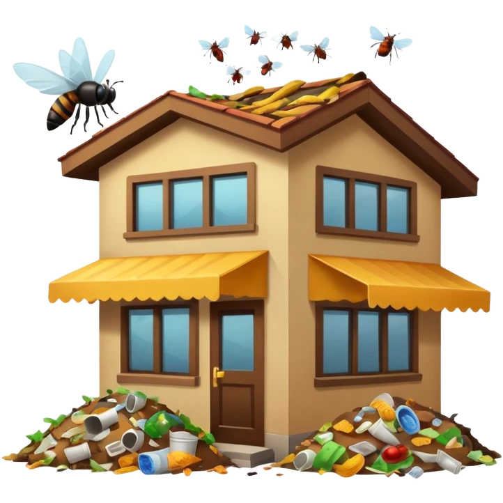 emoji-style icon of a restaurant building with a pile of trash and food scraps outside, flies and bugs around, unsanitary and dirty appearance, clear at small size, no text emoji