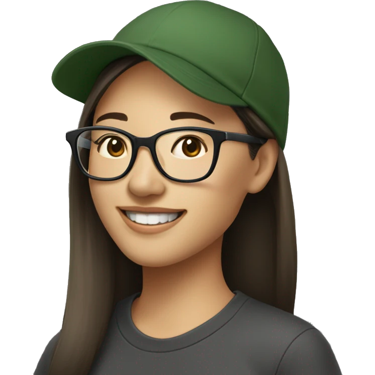 Hyper realistic, look from side, asian adult woman, light white skin, smiling with teeth, black eyes, spotted frame glasses, long light brown straight hair, black T-shirt, dark green cap. emoji