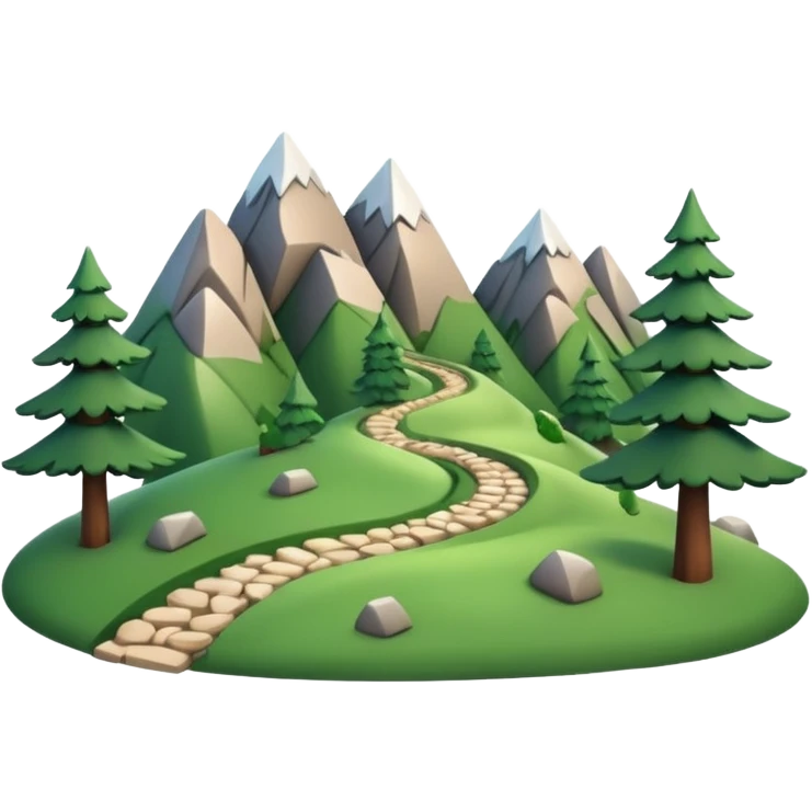 A 3D cartoon mountain trail winding up green slopes with stones and pine trees, distant peaks in background, warm daylight, Memoji-style.A 3D cartoon coiled climbing rope with a carabiner, golden color, resting on a rocky surface, realistic soft shadows, Memoji-style rendering. emoji