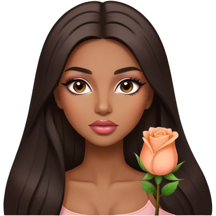 Glamorous , brown, very beautiful girl, with big pump peach-beige-rose lips, long long lashes, black straight smooth silky long hair, straight parting hair, brown eyes emoji