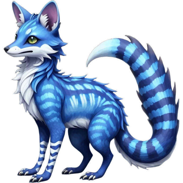 Feral Rare Fantasy iridescent scaly evil spooky vibrant dark shady shaded detailed deep-dark-cobalt-blue-gradients-colored colorful Vernid-Sergal-Genet-Trico-Fox-species by LiLaiRa, with dark-blackish points, white belly, random markings, tufted tail, tufted ears, full body emoji