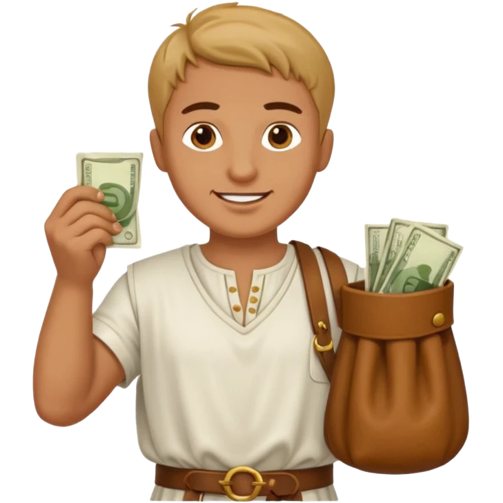 Emoji portrait of a Roman merchant. Loose-fitting clothes, holding a money pouch, cheerful expression. emoji