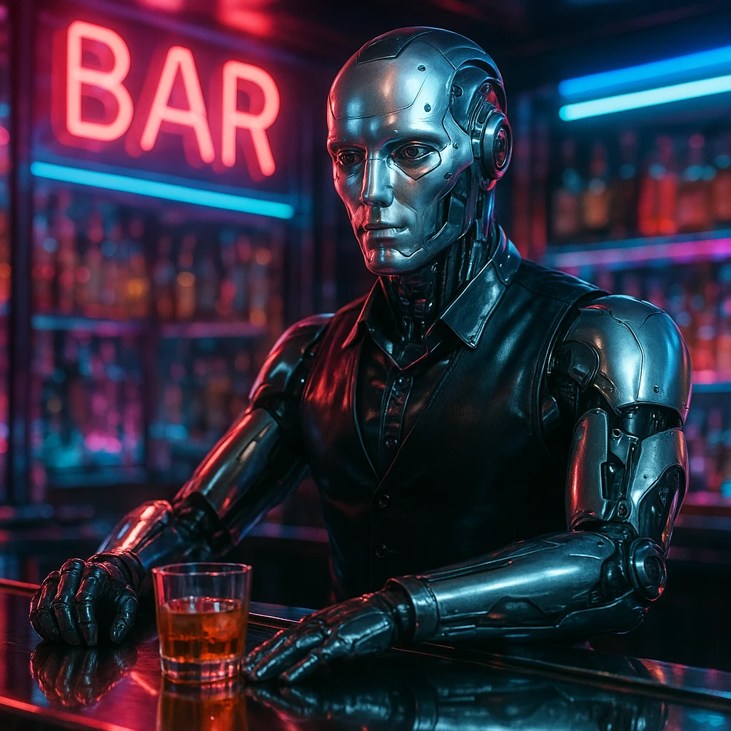 photorealistic android bartender in a neon bar, reflective surfaces, cinematic lighting emoji