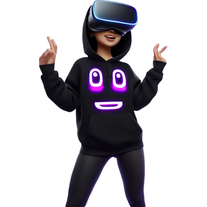 Russian girl wearing black hoody with violet letters "OMG", in vr headset oculus quest2. Dancing. Cyberpunk style. Violet neon. emoji