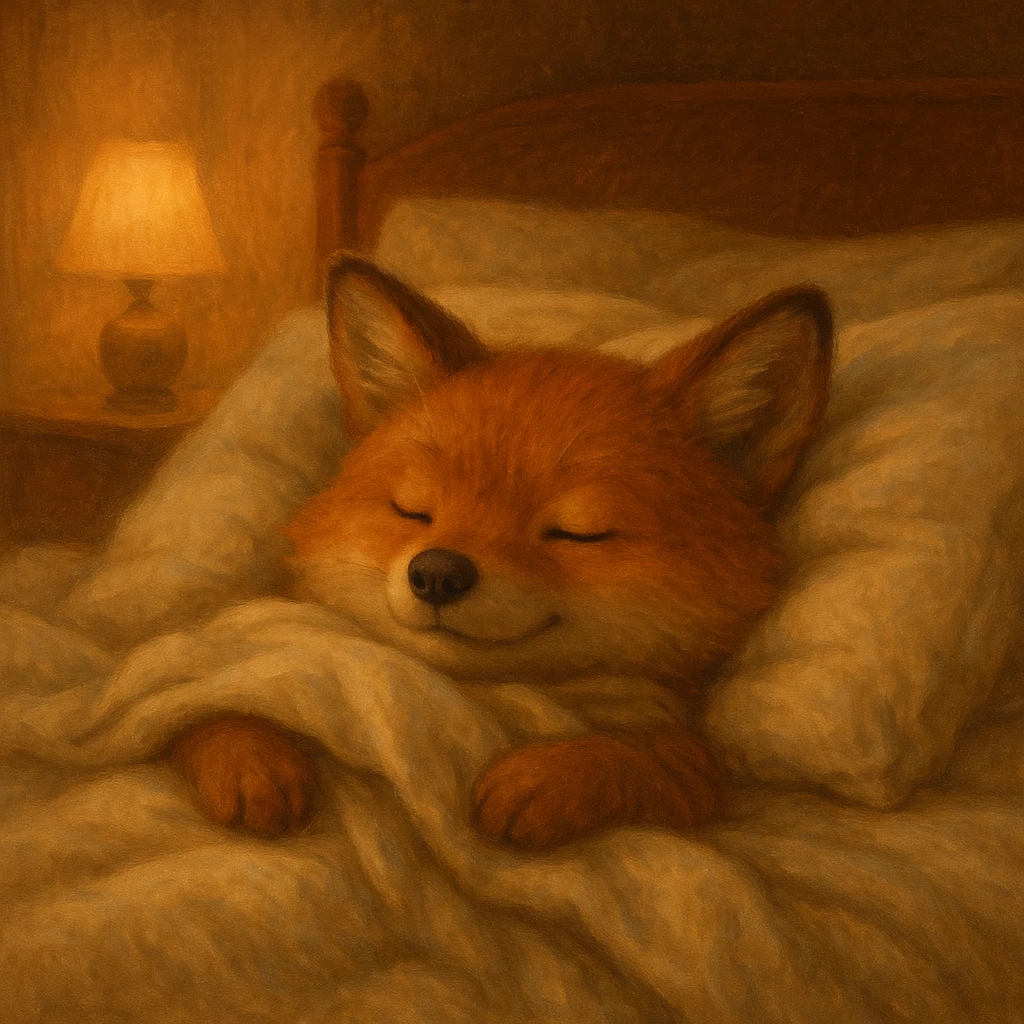 a cozy animal snuggled in bed with soft blankets and warm atmosphere, peaceful and inviting scene emoji