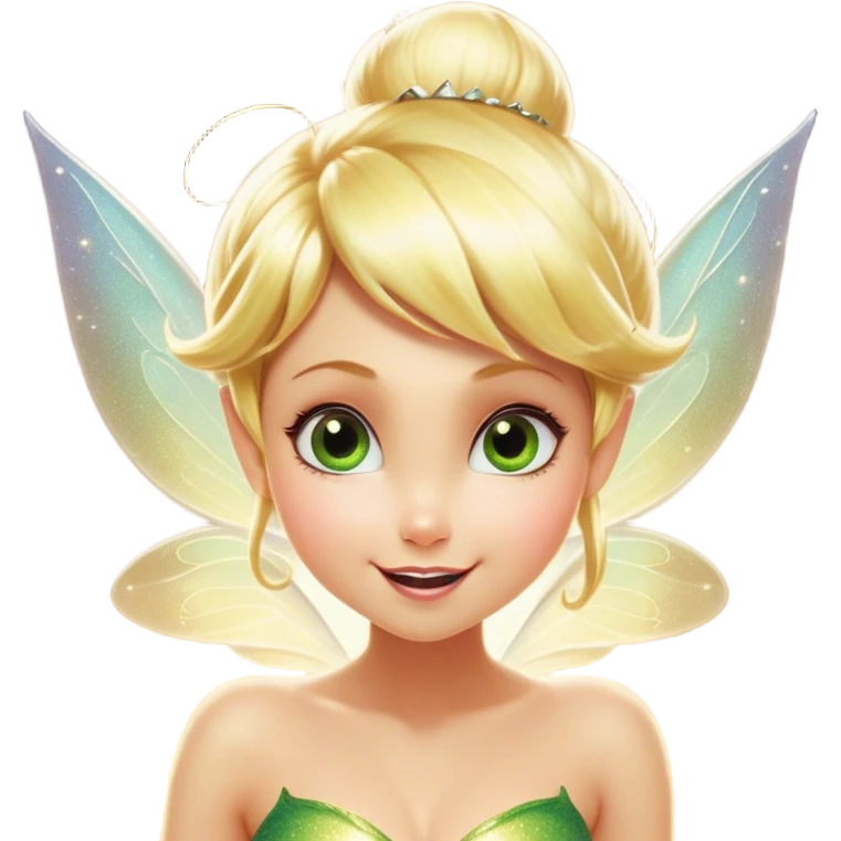 Cinematic Realistic Blonde Tinker Bell Fairy Portrait, head tilted dramatically with an exaggeratedly amused expression, featuring a striking, lively pixie form with radiant golden blonde hair and luminous, iridescent wings dusted with playful sparkles. Her expressive eyes brim with cheeky mischief, rendered with vibrant, lifelike textures and dynamic natural lighting that imbues the scene with an air of magical whimsy and over‐the‐top fairy fun. emoji