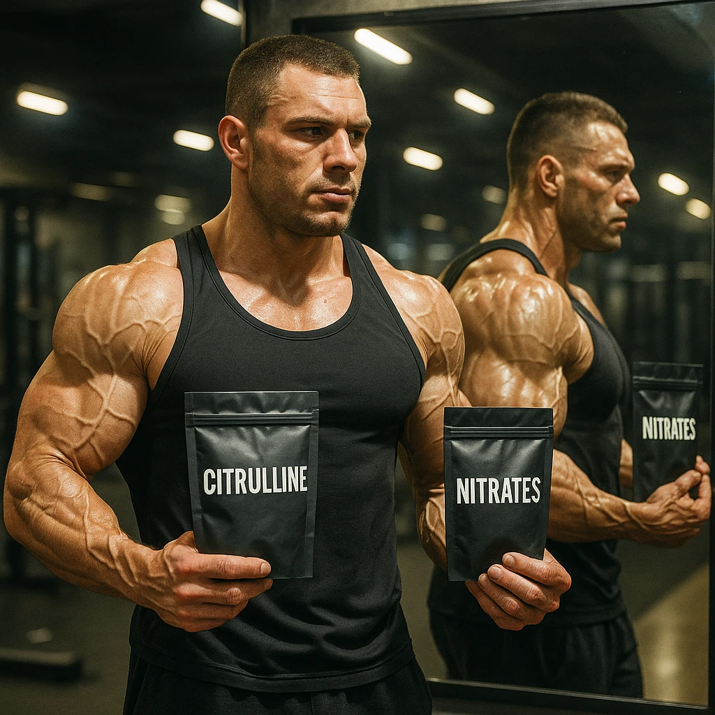realistic bodybuilder in front of gym mirror, veins visible on arms and shoulders, holding Citrulline and Nitrates packages, reflection emphasizing vasodilation, intense light, motivating atmosphere, detailed emoji