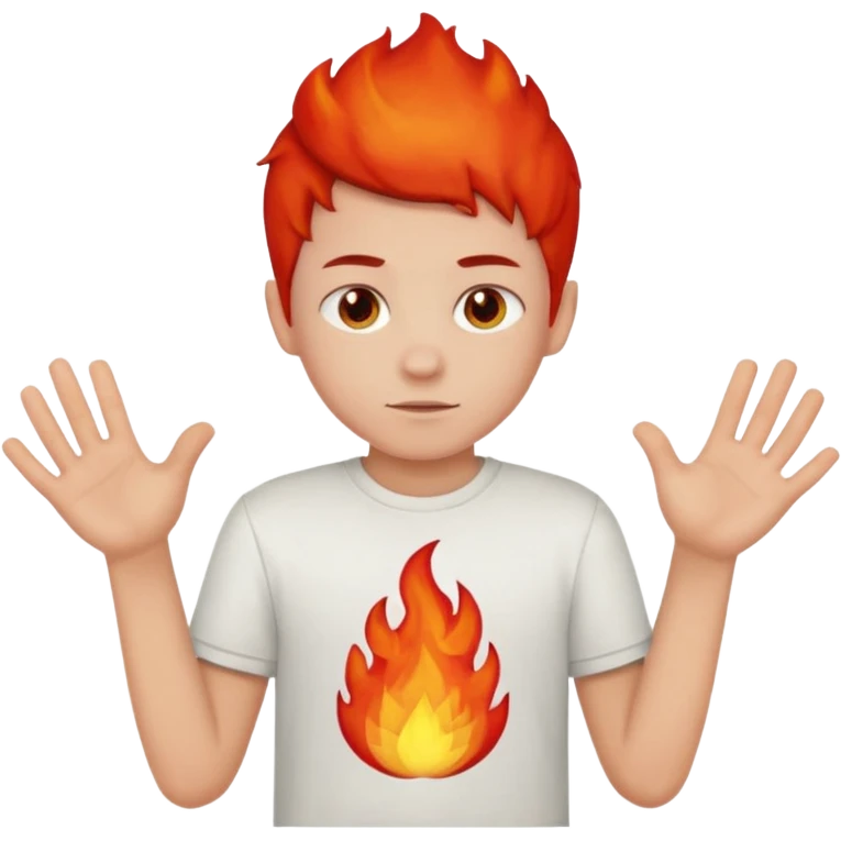 A boy with no hands fire instead made out of red fire and the boy is wearing a shirt that says FIRE CREATOR  emoji