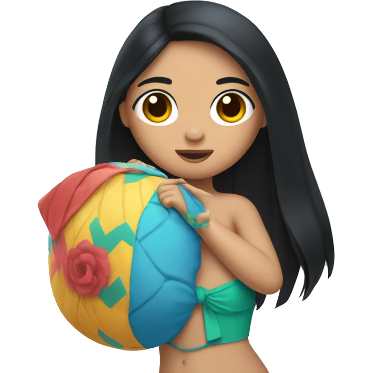 A Filipino woman with long black hair, big eyes, fair skin, wearing a swimsuit and holding stitch emoji
