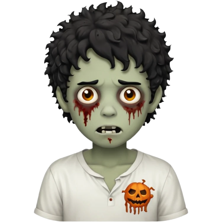 Boy, zombie, black hair, curly hair with white tips, shaggy, dark, spooky, creepy expression, white shirt emoji