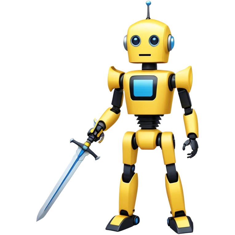 a tall yellow and black robot with an elongated rectangular head and two blue eyes at the top and bottom. also armed with a yellow sword emoji