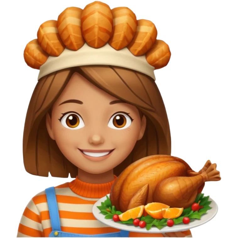 happy tan girl with an orange striped sweater and a cooked browned turkey on her head  emoji