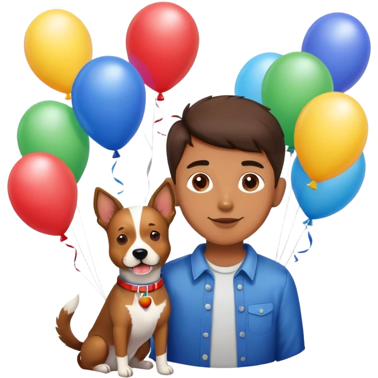 boy and his dog at party with balloons and cake emoji