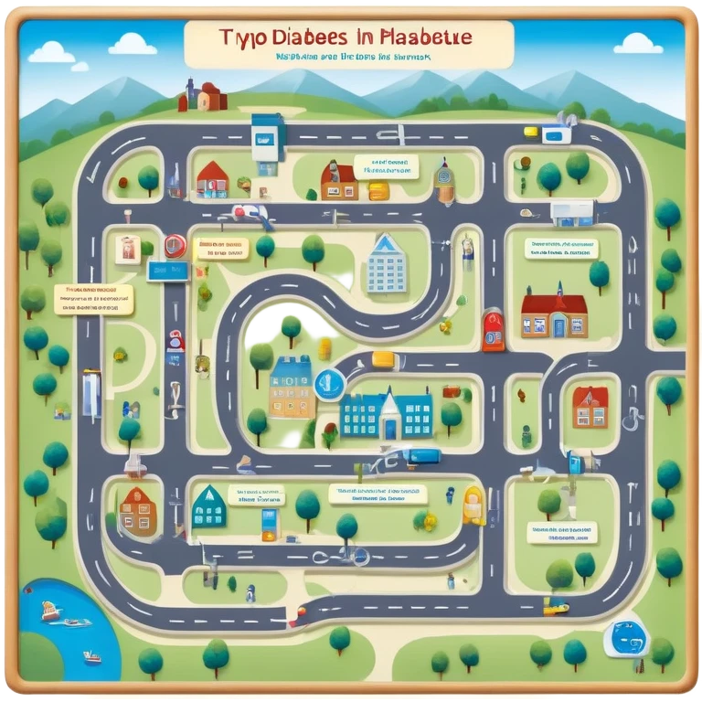 journey on a game board about Type 1 diabetes and aging with pretty pathways and landing places (hospital, places to live, advocacy, physical changes, to share knowledge and ways of coping, energetic with text: T1D to 100 and subtext Aging with Type 1 diabetes, easy for seniors to see and understand emoji