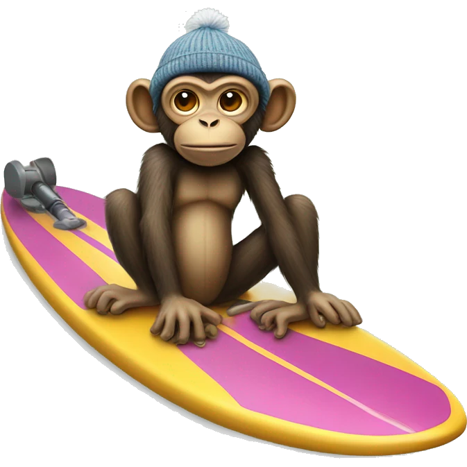 Monkey on a surfboard with a bazooka wearing a beanie emoji
