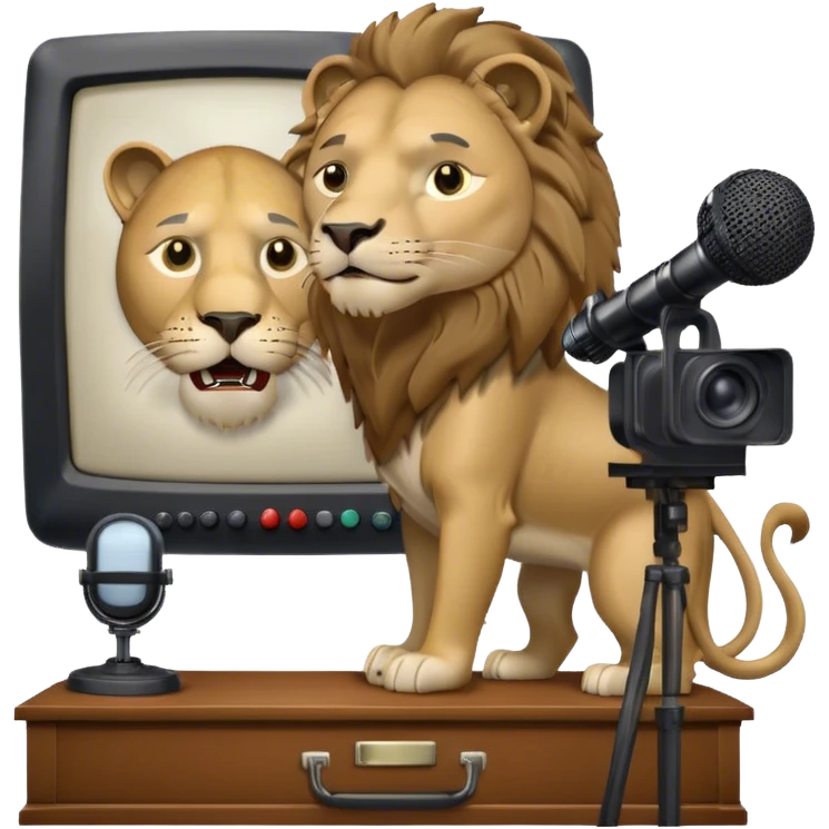 Icon for Documentary TV Show: A TV screen with a microphone, books, historical documents, and scientific symbols. Include a roaring lion or other animal, interview setup with a camera, and a serious-looking news anchor or narrator. Transparent background. emoji
