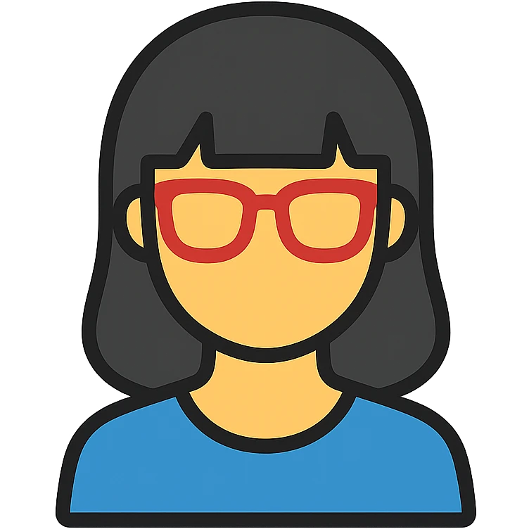 mujer con pelo negro, flequillo y gafas icono color outline emoji