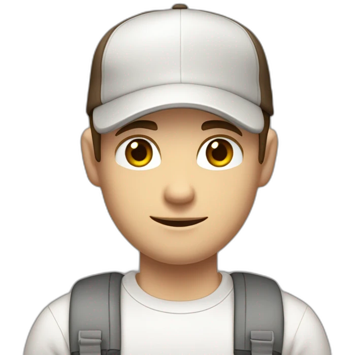 Pale skinned fit Man with dark brown hair in a light gray cap, dark brown jeans, brown polo and white T-shirt keeping a pasted with tape white box into his hands emoji