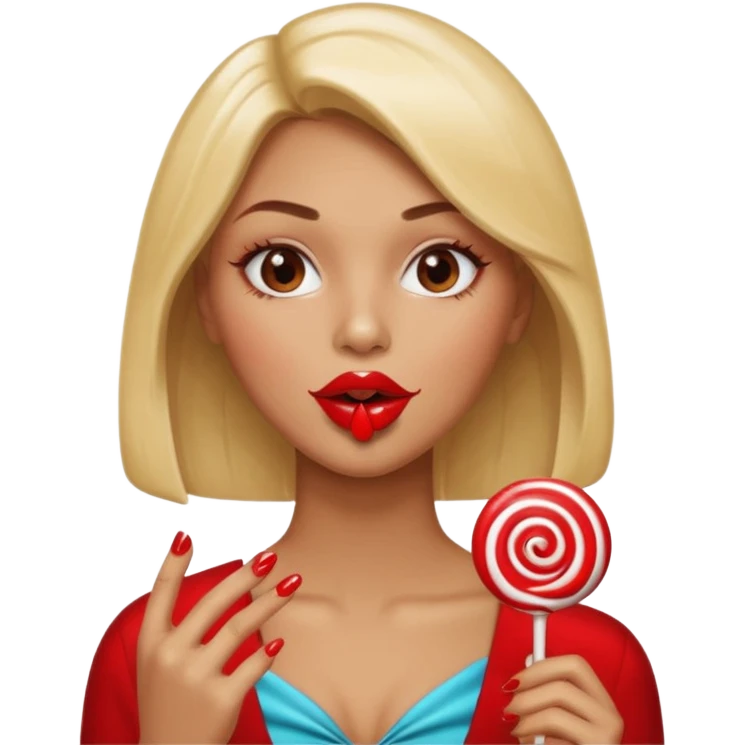 A lollipop in his mouth with Long nails and has glossy lips emoji