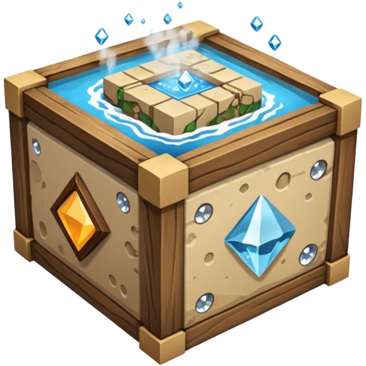 crafting table with tools, stone, wood, glass, sand, steam, water, diamonds... like a minecraft style cube crafting table  emoji