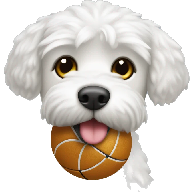 Perro caniche toy blanco con una pelota en la boca emoji