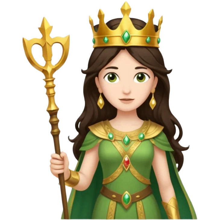 Juno, Marriage Goddess from Rome Mythology with long dark brown hair, green outfit, fair skin emoji