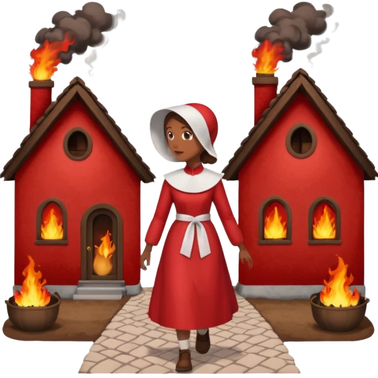 handmaids tale style woman burning house down walking away from house. shes wearing the nun hands maid tale hat cant see her face with brown hair shes wearing the red handmaids tale costume with white bonnet. walking away from the house emoji
