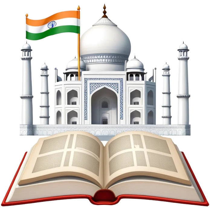 An icon featuring the Taj Mahal and the flag of India, symbolizing the Hindi language. The design includes an open book with hindi text, representing language learning and cultural richness. Transparent background highlights the heritage of India. emoji