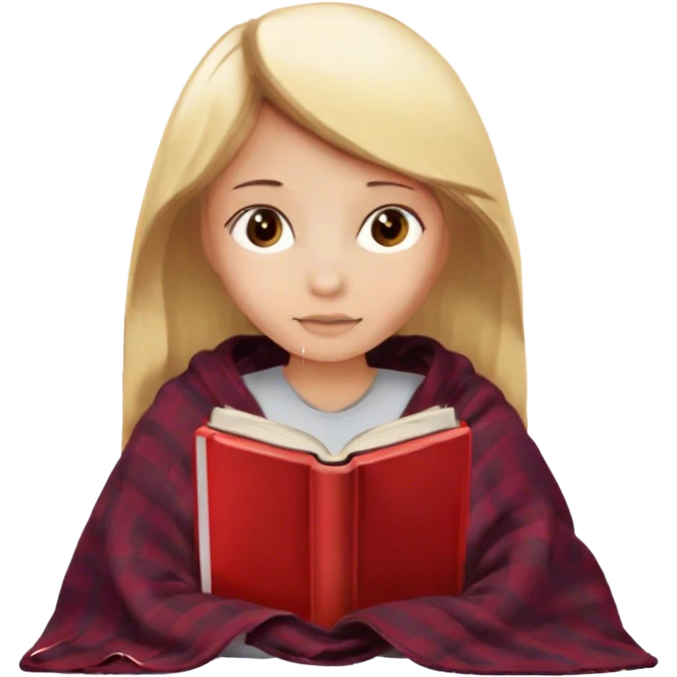 Hazme a una chica rubia con los ojos marrones que está leyendo un libro mientras está tapada con una manta emoji
