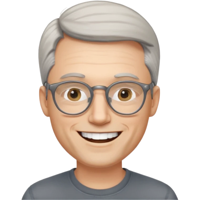 40 yr old pale white man, grey side swept hair, round glasses, big smile, white teeth, handsome, longer hair, thin glasses emoji