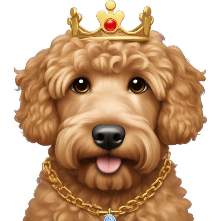 red apricot mini goldendoodle wearing golden crown and a gold chain with Dart Technologies logo emoji