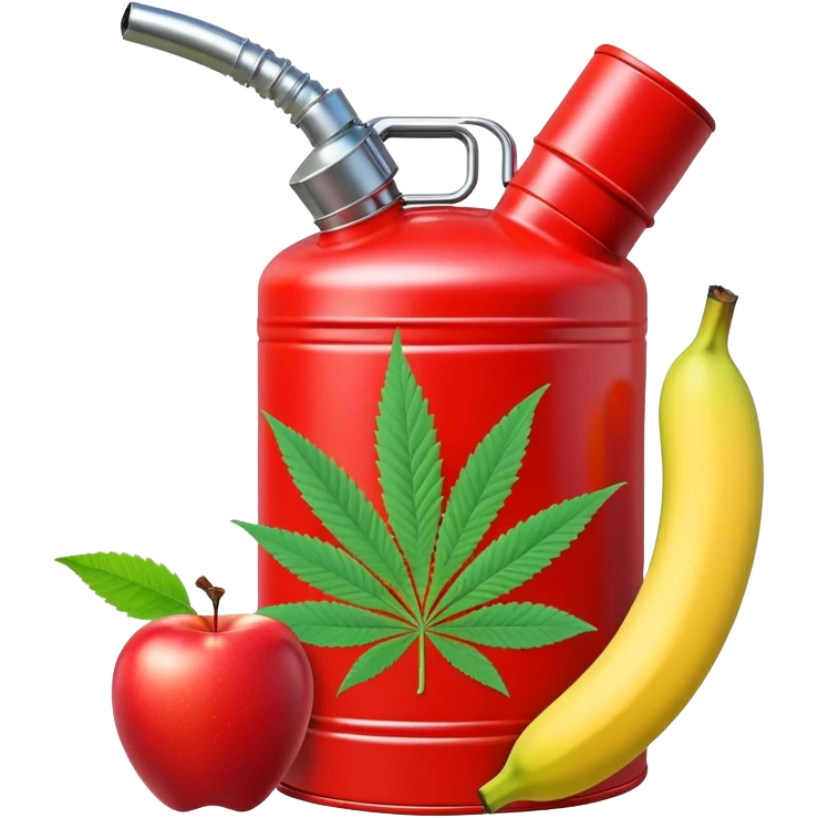 bright red gasoline canister surrounded by a banana, an apple, grapes, and a cannabis leaf, red fuel can with fruits and marijuana leaf arranged around it emoji