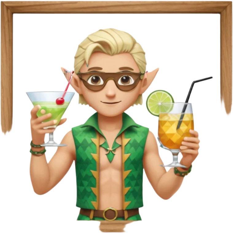 elf male legolas portrait, patterned board shorts (geometric/abstract), unique wooden-framed sunglasses, undercut hairstyle, slight smirk, visible pointy ears, no background, centered emoji, hipster summer vibe coctails emoji