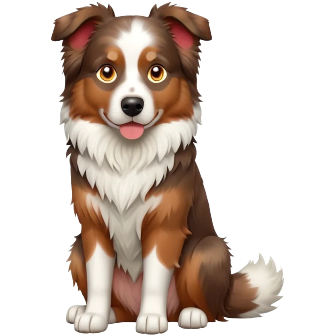 cinematic-[australian shepherd dog]-realistic-full-body-sitting-emoji,-tail-resting-loosely-beside-its-paws,-head-tilted-dramatically,-scruffy-[white and red merle]-fur,-simplified-yet-realistic-focused-features,-highly-detailed,-glowing-with-an-almost-sarcastic-glow emoji