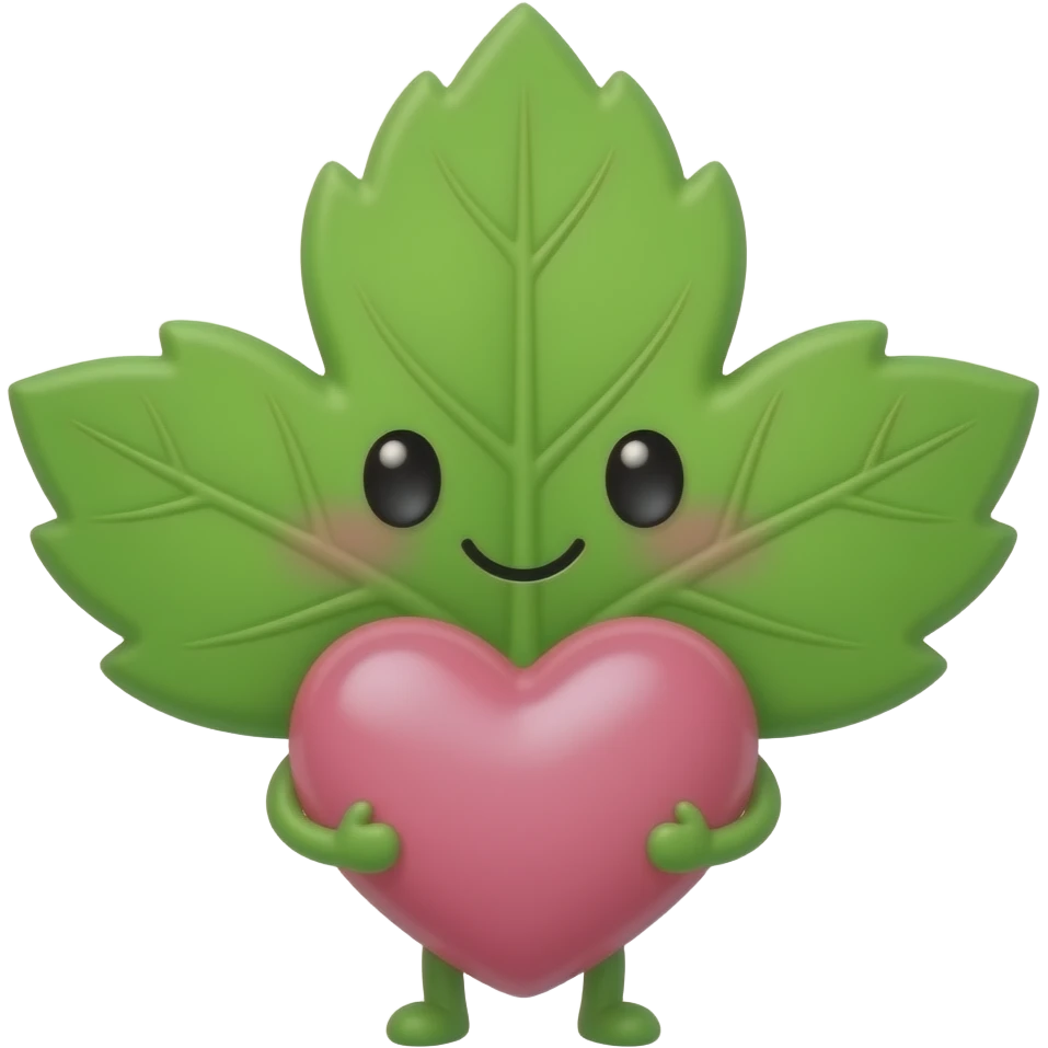 small weed leaf with a cute face holding a big huge heart that he can barely carry emoji