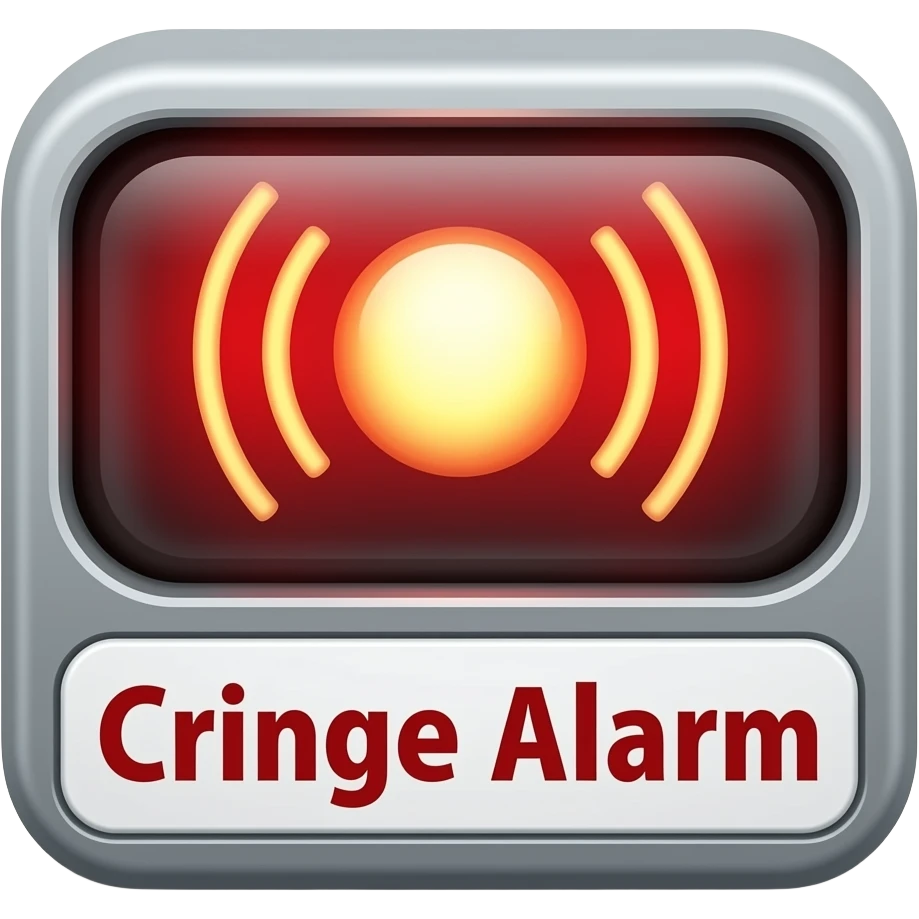 A blaring alarm with visual sound effects, a label below it with text "Cringe Alarm", filled background emoji